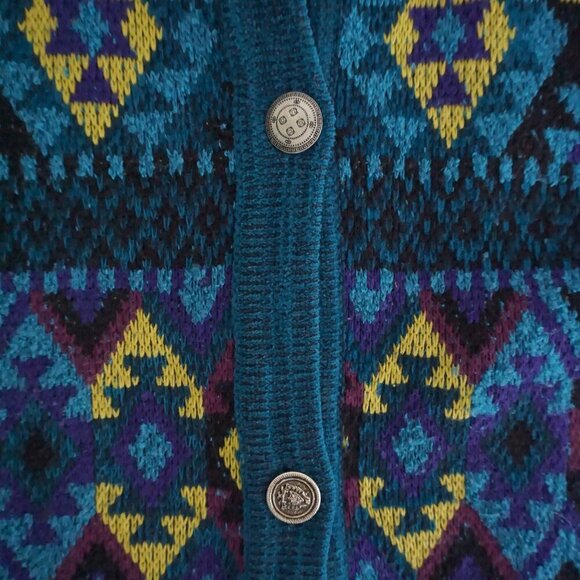 Vintage Chico's Blue Purple Knit Aztec 22% Cotton Button Up Cardigan Sweater XL - Picture 8 of 9
